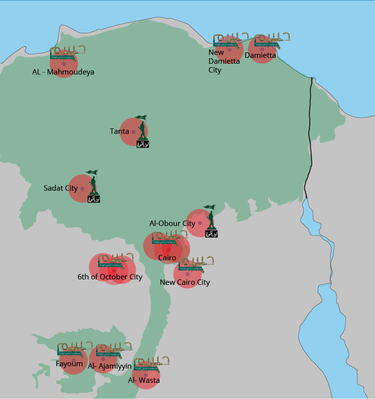 Map of Hasam Movement, Liwaa al-Thawra's attacks