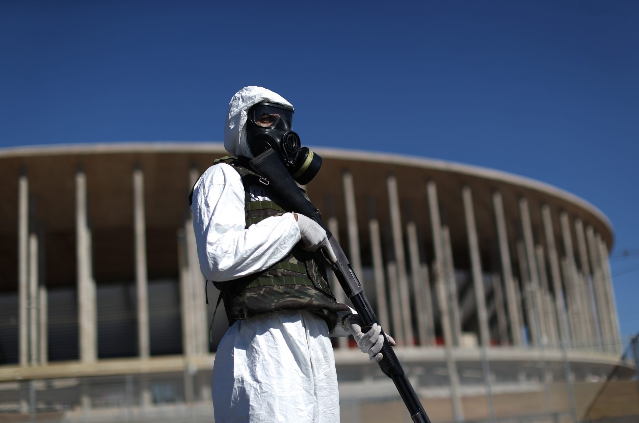 Soldier takes part in army exercise against possible chemical attack at the Mane Garrincha National Stadium in Brasilia | REUTERS