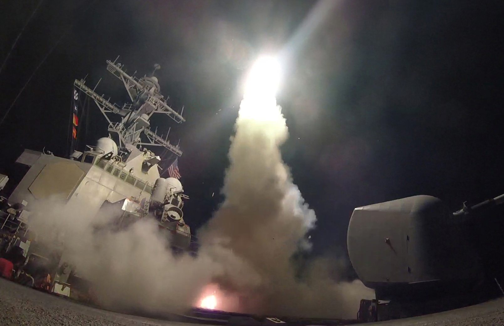 U.S. Navy guided-missile destroyer USS Porter (DDG 78) conducts strike operations while in the Mediterranean Sea which U.S. Defense Department said was a part of cruise missile strike against Syria on April 7, 2017 / via REUTERS. Ford Williams/Courtesy U.S. Navy/Handout