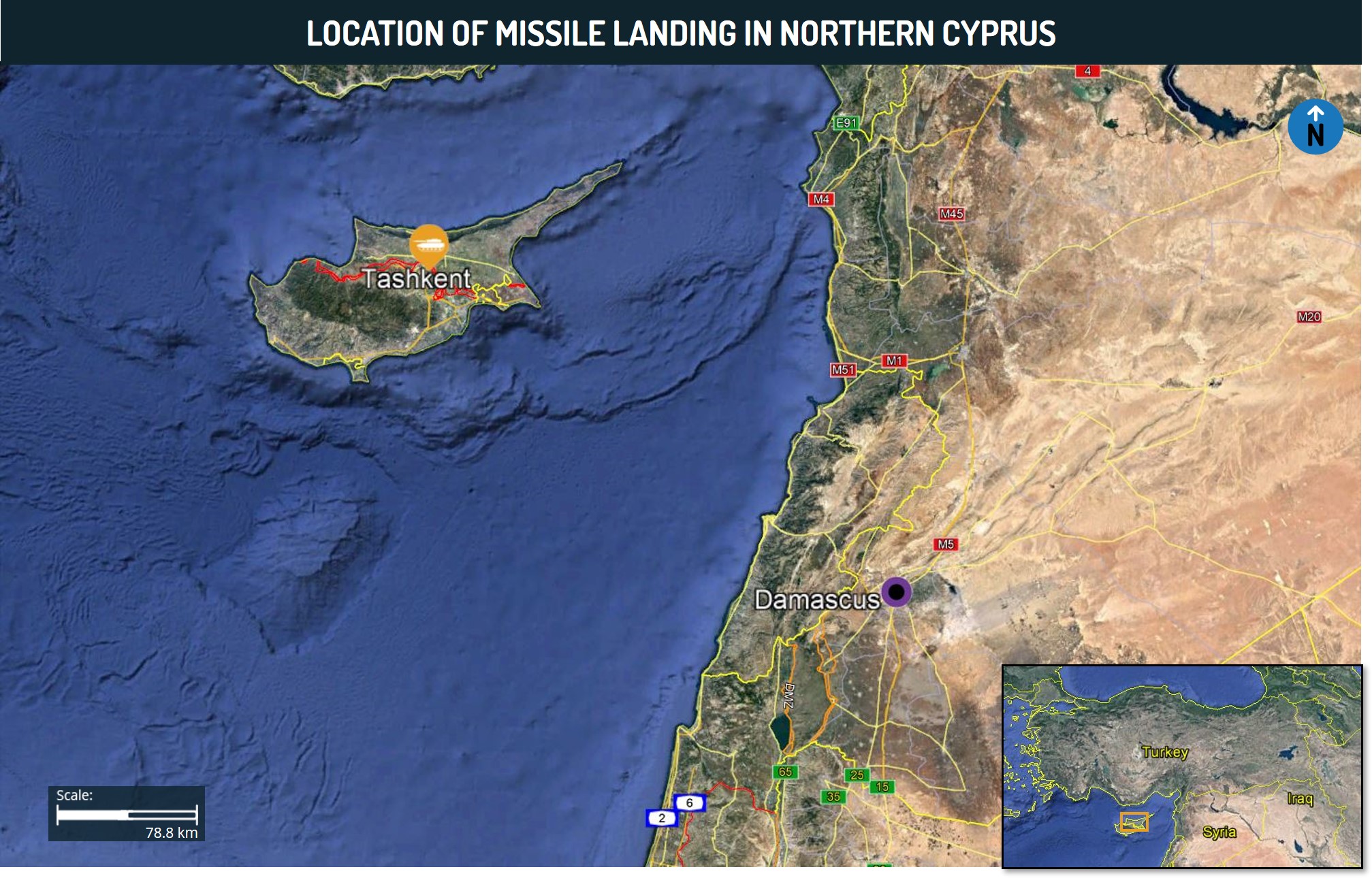 location of impact in Cyprus of missile fired by Syrian forces against Israeli aircraft